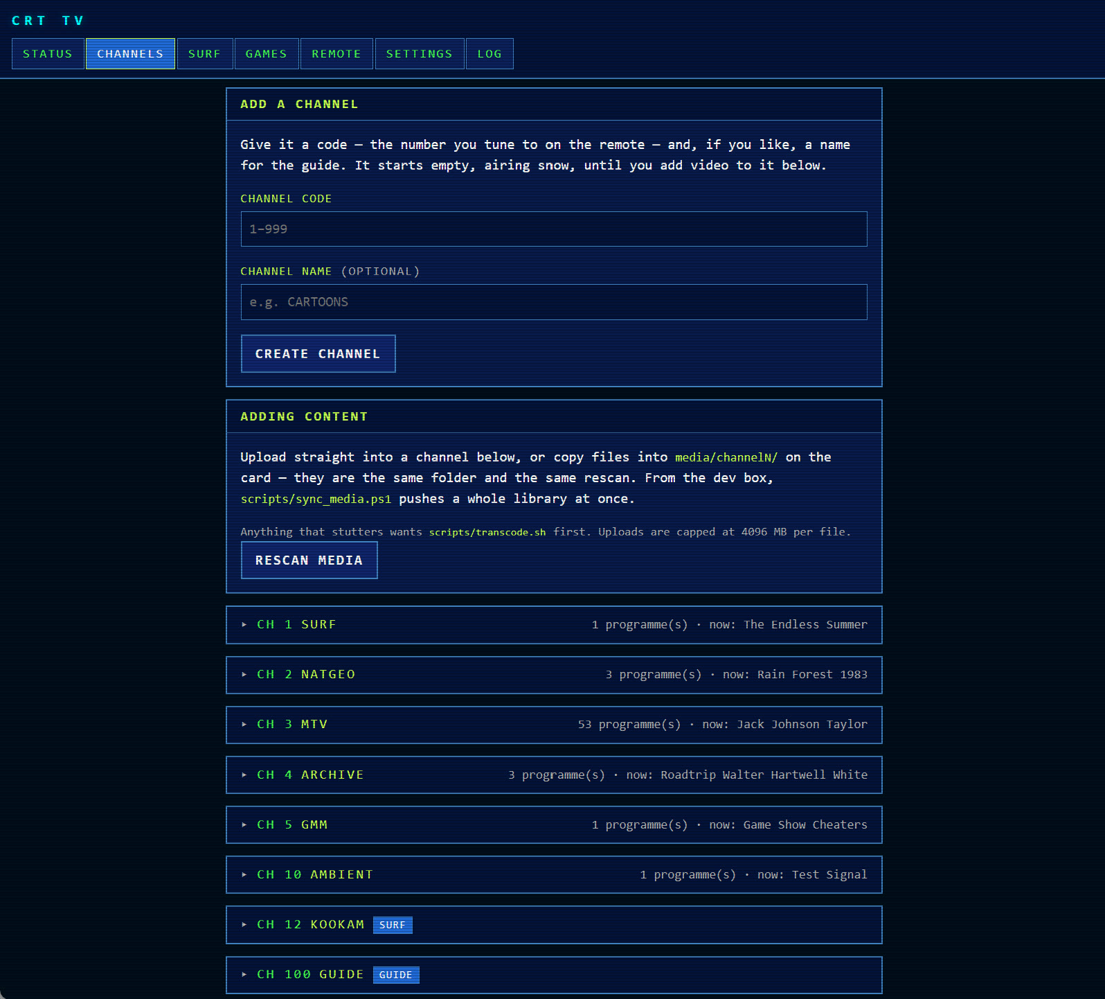 Web control panel – channel and media manager