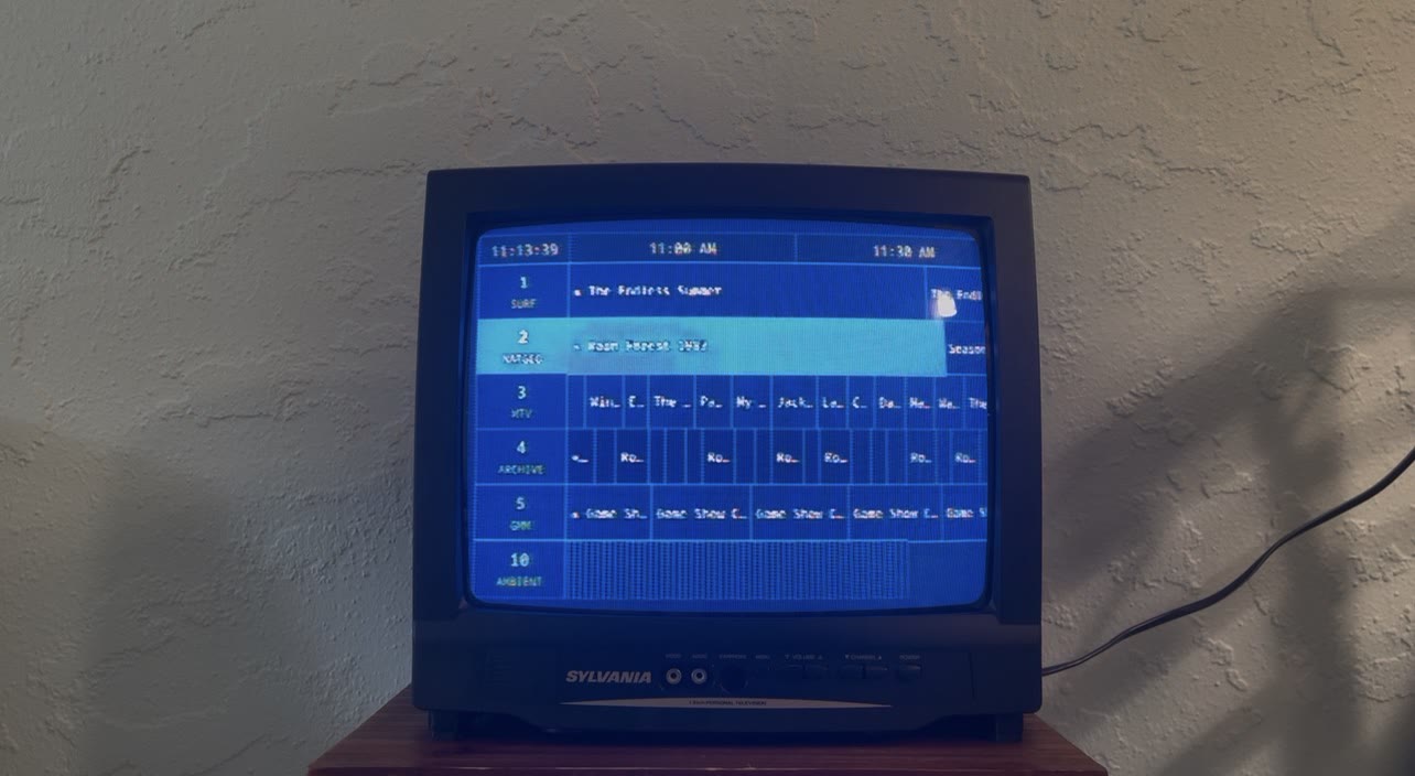 Retro 90s-style on-screen guide channel on the CRT