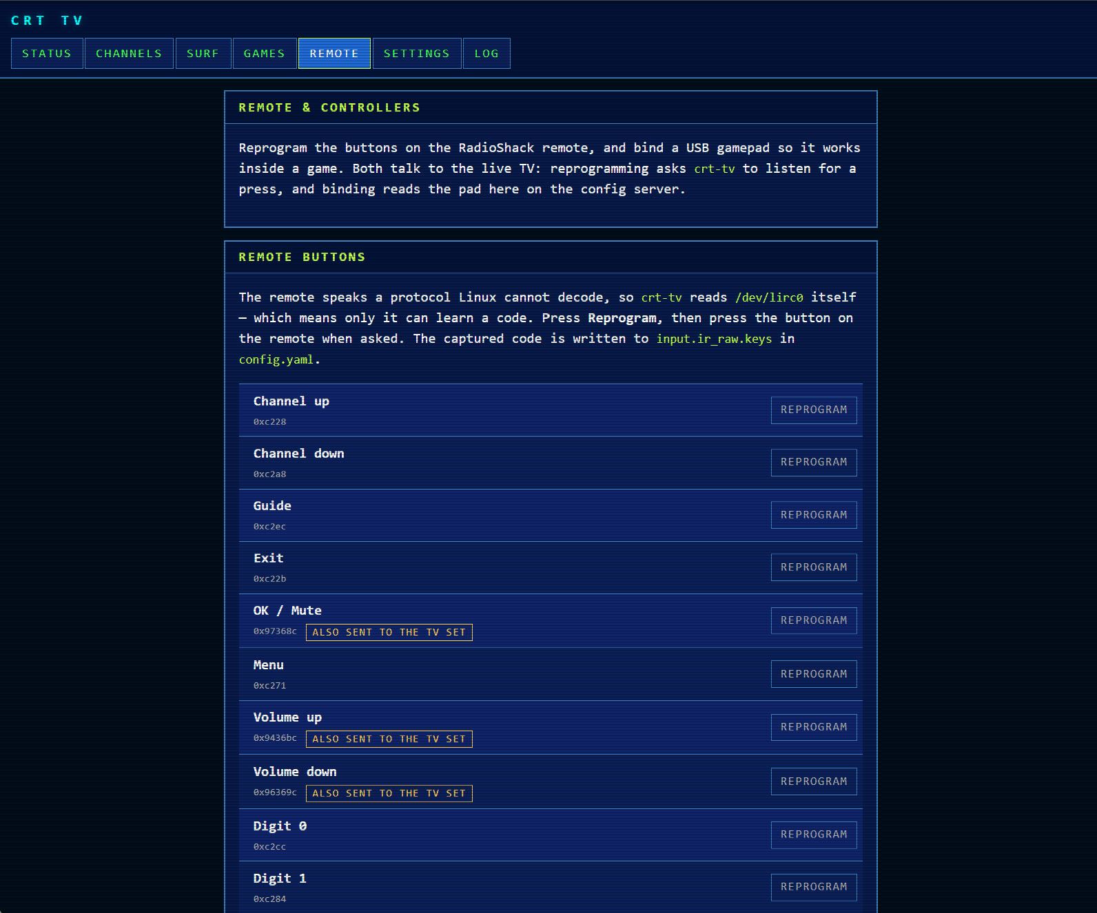 Web panel for learning the infrared remote buttons