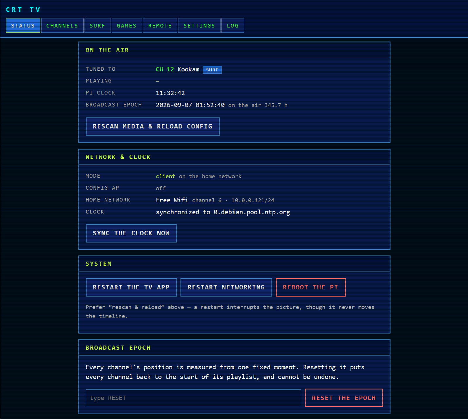 Browser-based control panel – broadcast status page