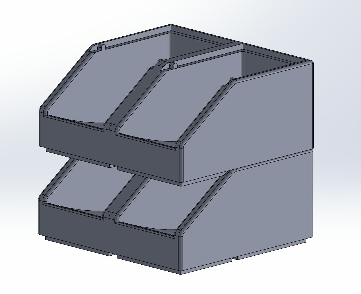 Two sloped fastener containers stacked on top of each other