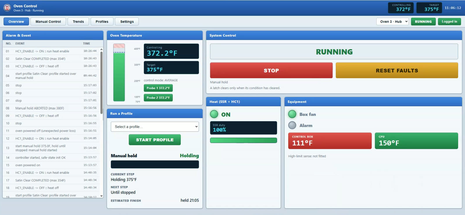 Web app overview dashboard with live temperatures and controls